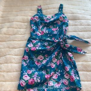 Vtg 90s turquoise teal with pink roses Hawaiian Mini WRAP dress S M